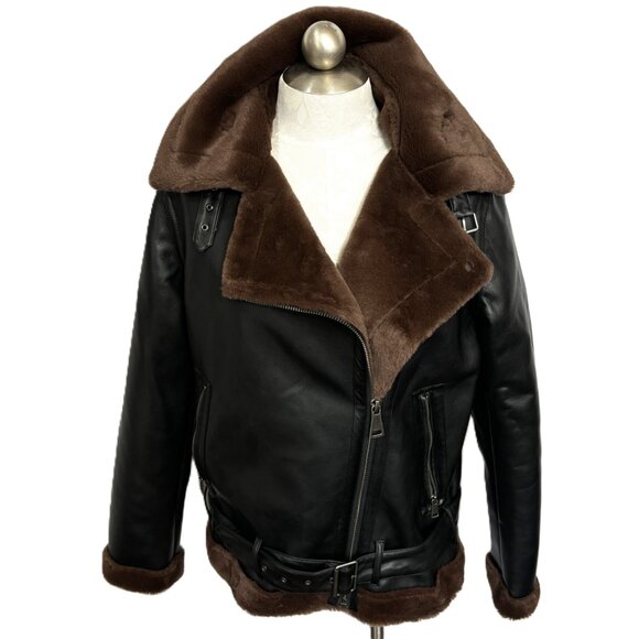 SO Faux Leather and Fur Moto Flight Aviator Bomber Jacket - Picture 4 of 14
